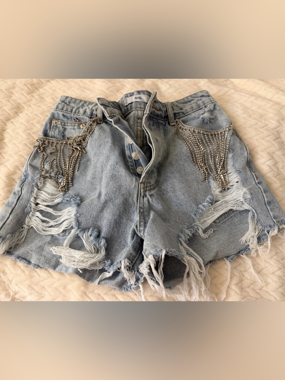Rhinestone fringe y2k Light Wash Distressed Denim Shorts sz medium high waist